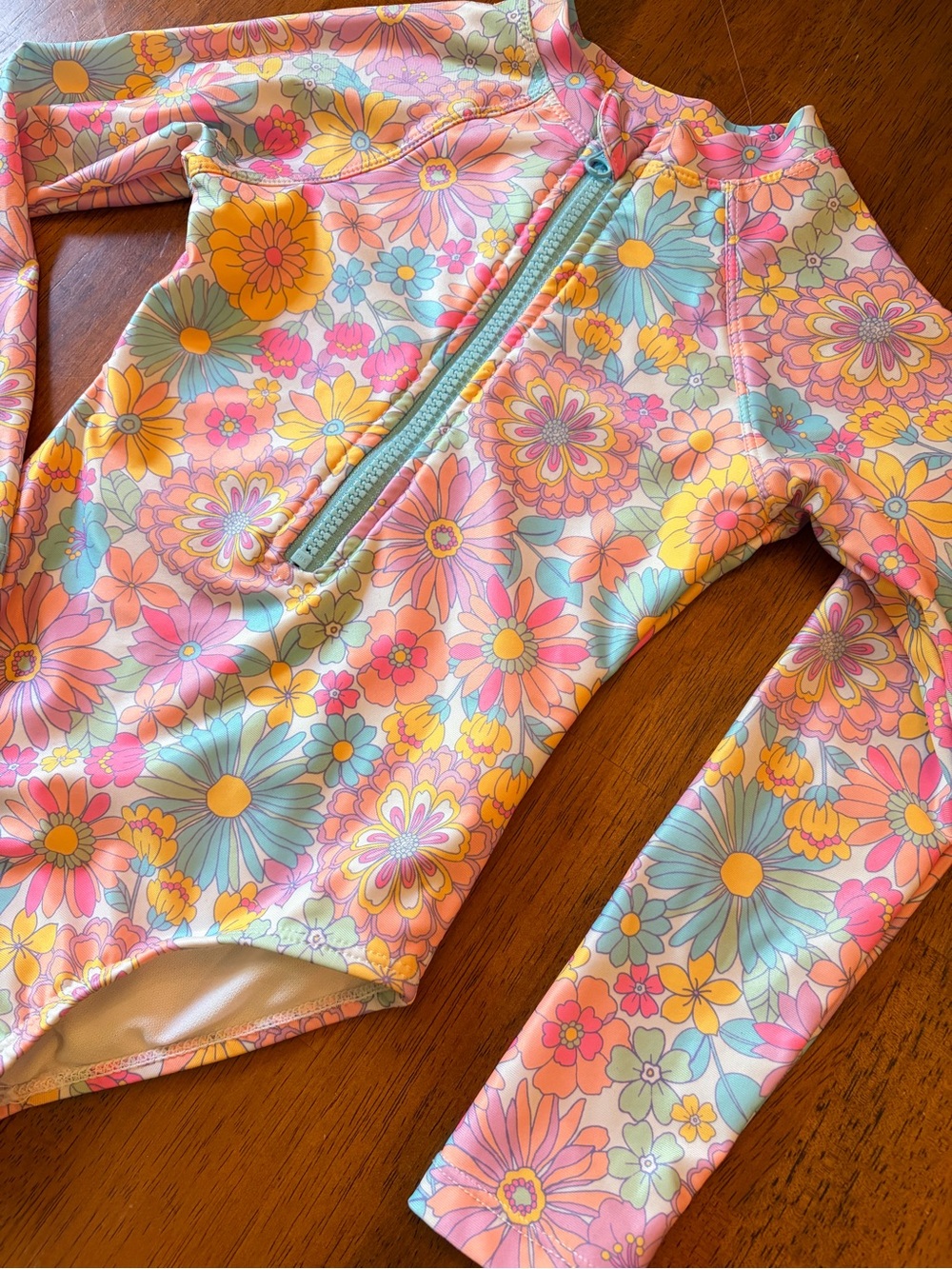 Bright Floral Zip-Front Rashguard One-Piece Long Sleeve Swimsuit Girls XS(4-5) - Picture 4 of 10